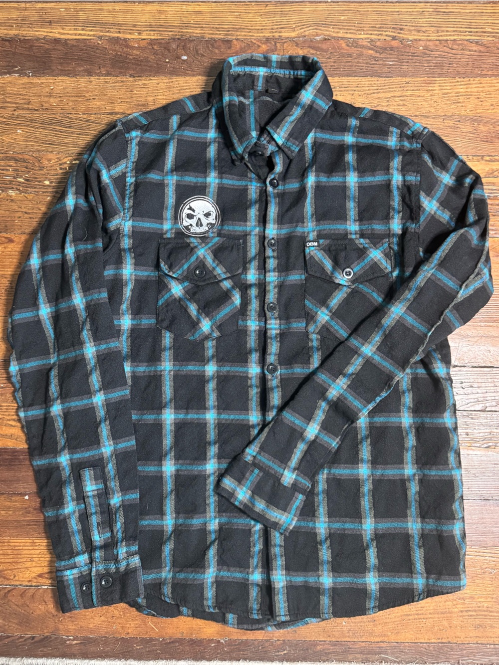 Demons Behind Me Mens Large Black Teal Plaid Flannel Shirt Skull Patch L/S Biker